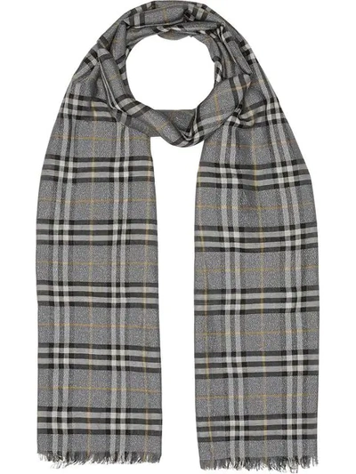 Shop Burberry Metallic Vintage Check Wool Silk Blend Scarf In A4503 Pewter Grey