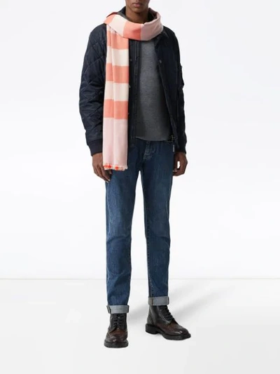 BURBERRY FRINGED CHECK CASHMERE SCARF - 橘色