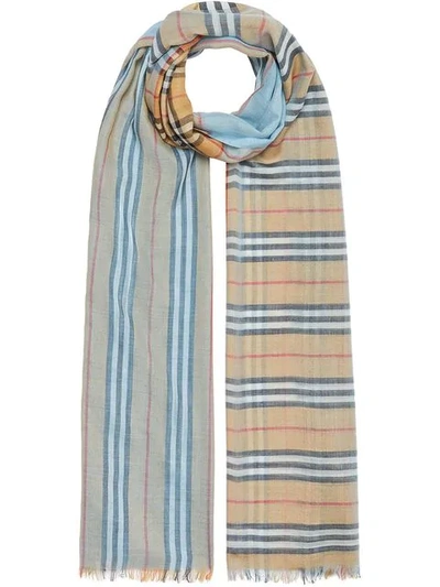 Shop Burberry Vintage Check Colour Block Wool Silk Scarf In Blue