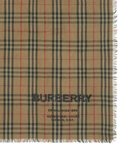 BURBERRY 经典格纹刺绣轻薄羊绒围巾 - 绿色