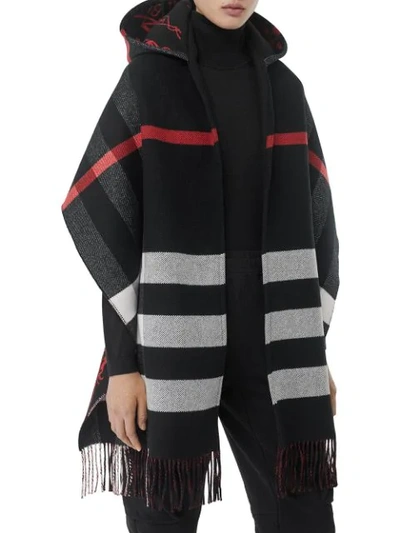 BURBERRY CHECK WOOL CASHMERE HOODED SCARF - 黑色