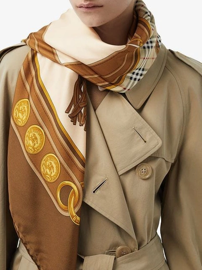 Shop Burberry Reissued Archive Tassel Print Scarf In Brown