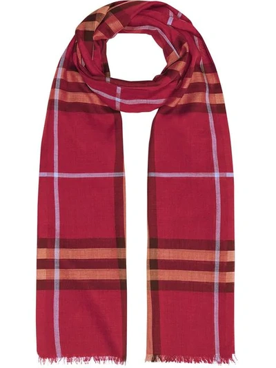 Shop Burberry Lightweight Check Wool And Silk Scarf In Pink
