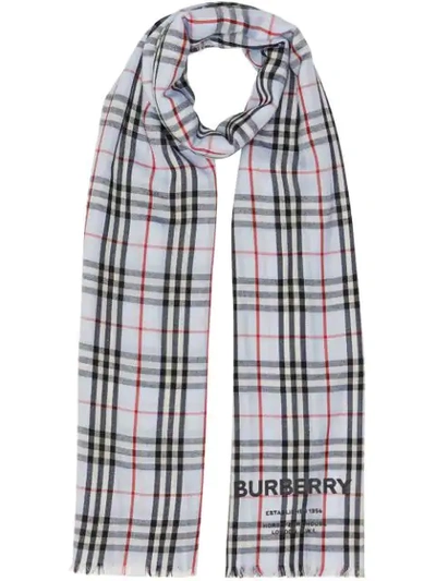 Shop Burberry Embroidered Vintage Check Lightweight Cashmere Scarf In Blue
