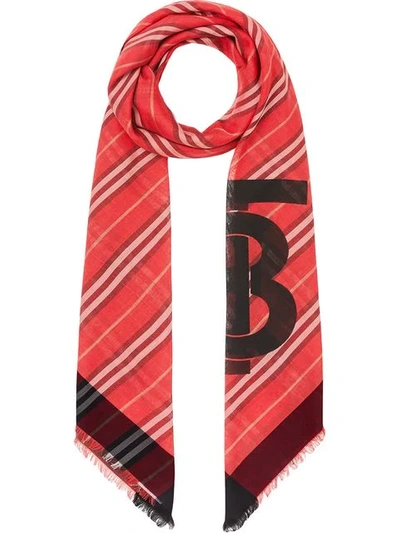 Shop Burberry Monogram Icon Stripe Wool Silk Large Square Scarf In Red