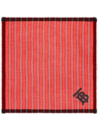 Shop Burberry Monogram Icon Stripe Wool Silk Large Square Scarf In Red