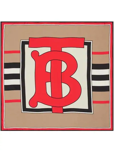 Shop Burberry Monogram And Icon Stripe Print Silk Square Scarf In Neutrals