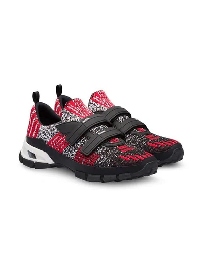 Prada Crossection Knit Black And Red Sneakers In F022c Black/scarlet Red