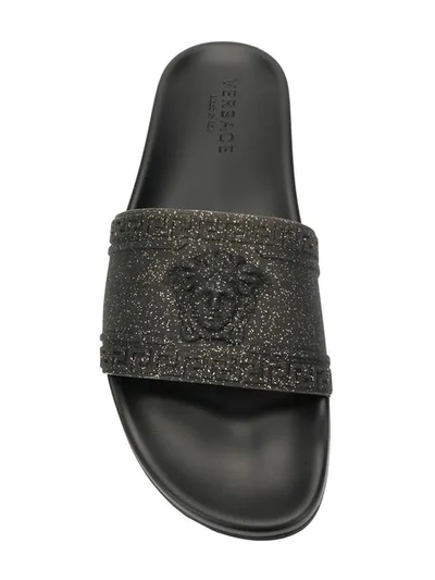 Shop Versace Glittered Medusa Logo Slides In Grey