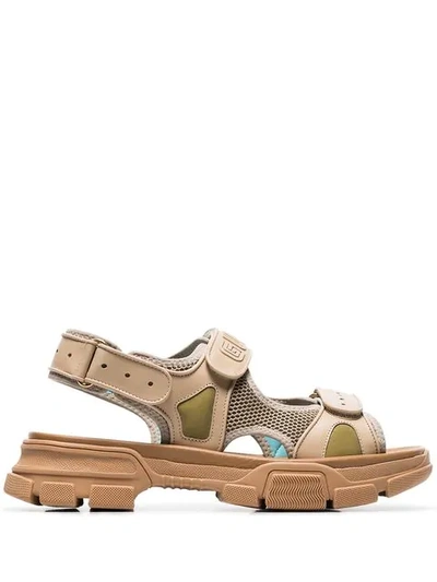 Shop Gucci Brown Aguru Leather And Mesh Hiking Sandals