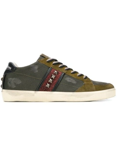 Shop Leather Crown Studded Detail Sneakers In Green