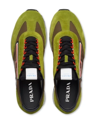 Shop Prada Suede And Nylon Sneakers In F0v9s Ivy Green+brown