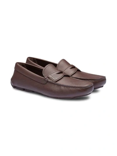 Shop Prada Classic Saffiano Loafers - Brown