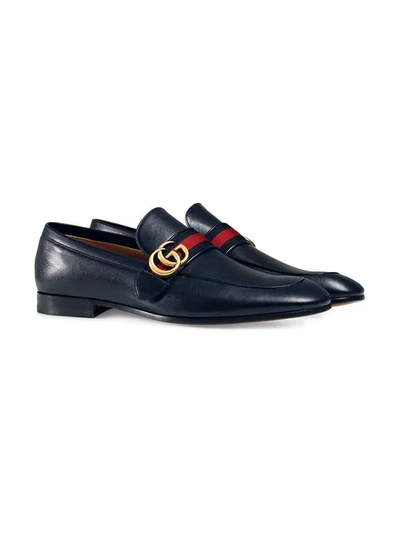 Shop Gucci Leather Loafer With Gg Web In Blue