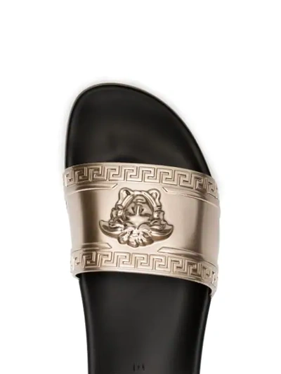 Shop Versace Gold-tone Medusa Embossed Slides In Metallic