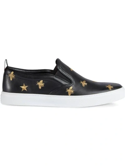 Shop Gucci Leather Slip-on Sneakers With Bees In Black