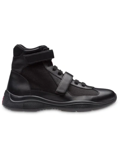 Shop Prada Leather And Fabric High-top Sneakers In Black