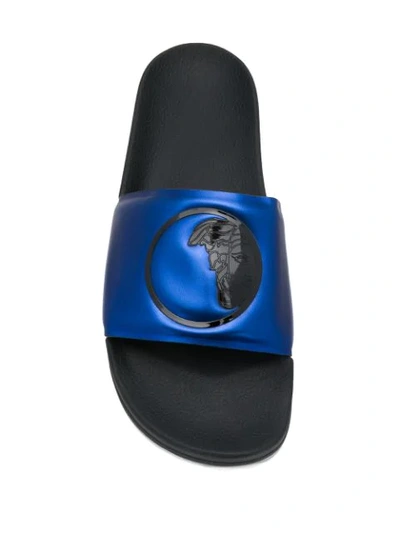 Shop Versace Metallic Medusa Slides In Blu