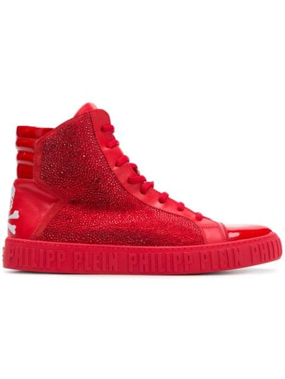 Shop Philipp Plein Rhinestone Embellished Hi-top Sneakers In Red