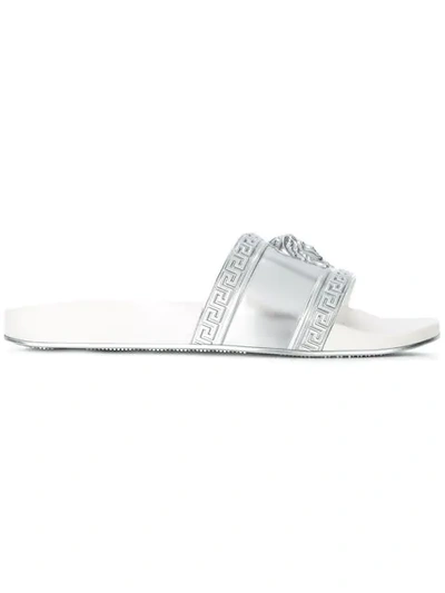 Versace Men's Medusa-head Slide Sandal, Silver In Grey