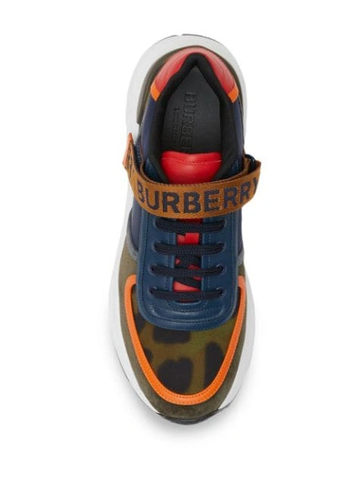 Shop Burberry Logo Detail Leopard Print And Leather Sneakers In Blue