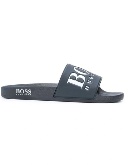 Shop Hugo Boss Logo Slides In Blue