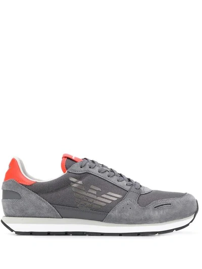 Shop Emporio Armani Side Monogram Sneakers In Grey