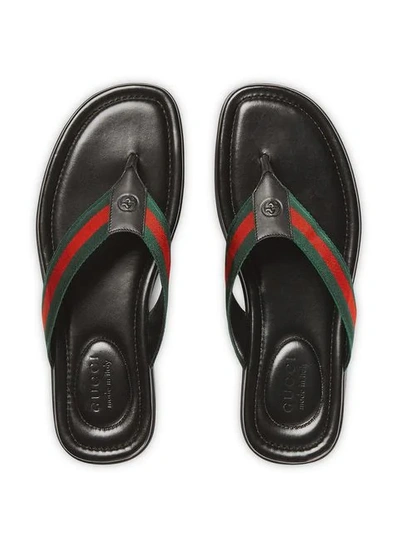Gucci Men's Web Leather Thong Sandals In Black
