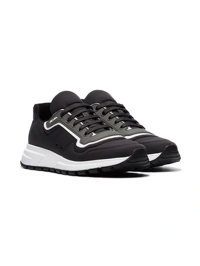 PRADA GREY GABARDINE LEATHER LOW TOP SNEAKERS - 黑色