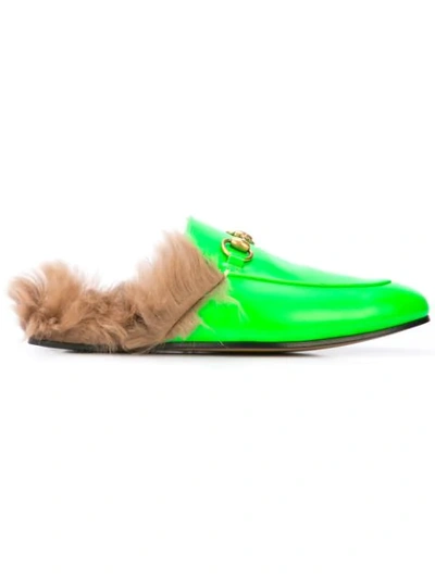 Shop Gucci Princetown Fur Lined Loafers In 3776 Green Flou