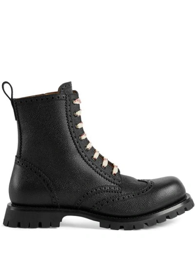 Shop Gucci Leather Brogue Lace Up Boot In Black