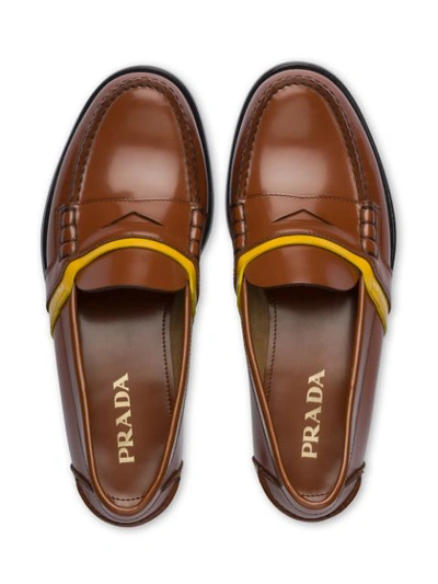 Shop Prada Printed Logo Detail Loafers In Brown