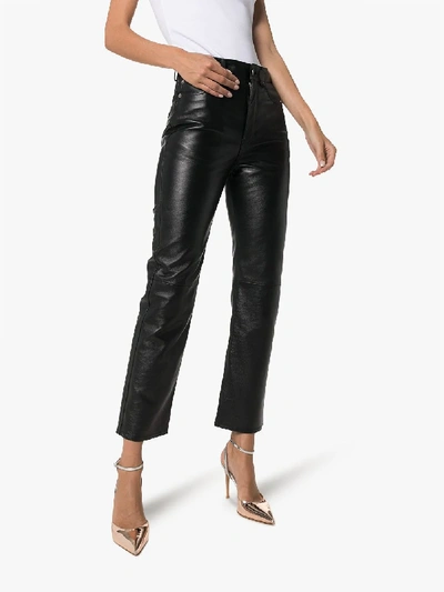 Shop Saint Laurent Cropped Boyfriend Fit Leather Trousers In Black