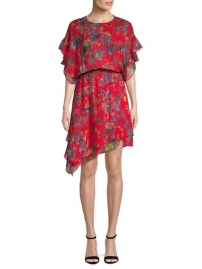 Shop Iro Ruffle Floral Silk Dress In Red