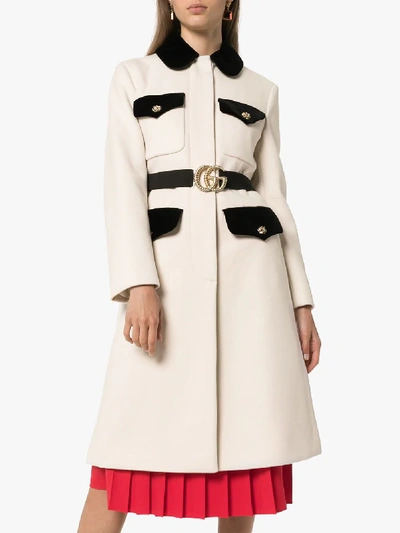 Shop Gucci Belted Wool Coat In Neutrals