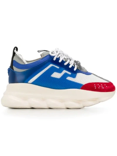 Versace Blue And Red Chain Reaction Leather Low Top Sneakers In