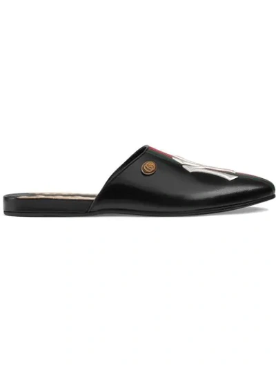 Shop Gucci Leather Slippers With Ny Yankees™ Patch In Black