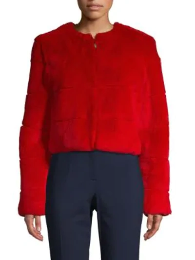 Shop Alice And Olivia Theon Rabbit Fur Cropped Jacket In Ruby