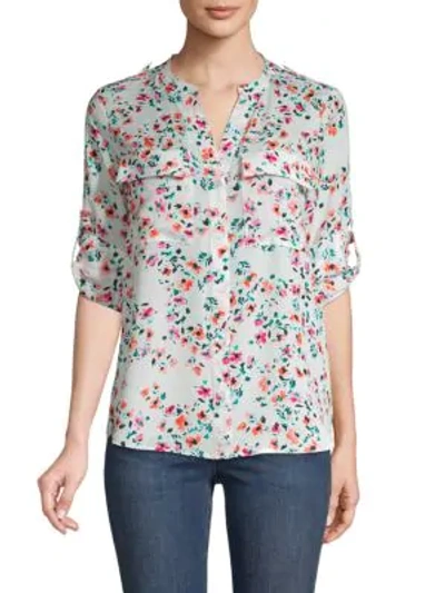 Shop Calvin Klein Collection Floral Roll-tab Sleeve Shirt In Soft White