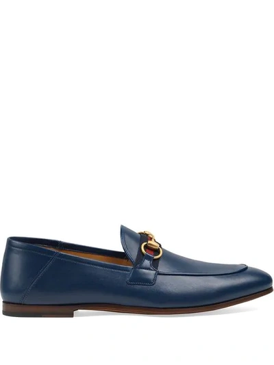 Shop Gucci Leather Horsebit Loafers With Web In Blue
