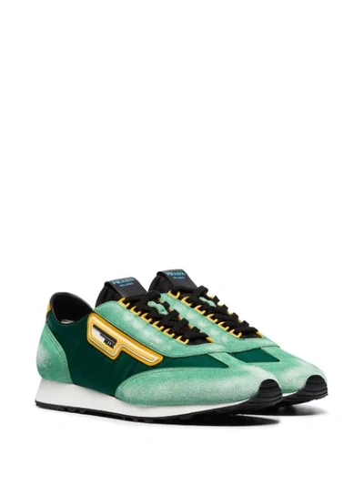 PRADA GREEN, BLACK AND YELLOW MILANO 70 SUEDE AND MESH SNEAKERS - 绿色