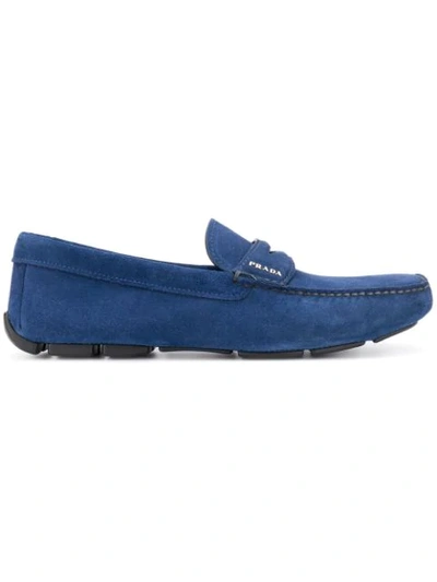 Shop Prada Logo Driving Loafers In Blue