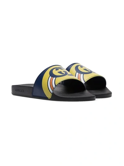 Shop Gucci Navy Blue And Black  Pursuit Logo Slides