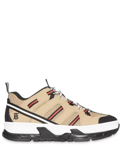 Shop Burberry Monogram Motif Mesh And Leather Sneakers In Beige