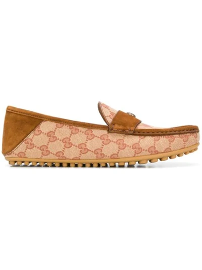 Shop Gucci Logo Driving Loafers In Brown