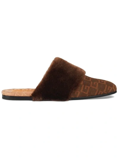 Shop Gucci Suede Square G And Synthetic Fur Slipper In 2072 Brown