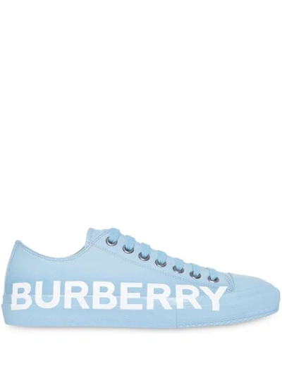 Shop Burberry Logo Print Cotton Gabardine Sneakers In Blue Overdyed