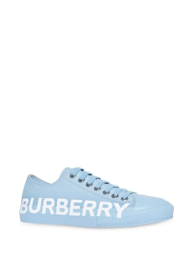 Shop Burberry Logo Print Cotton Gabardine Sneakers In Blue Overdyed