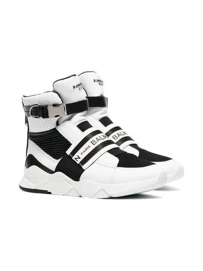 Shop Balmain Black And White Logo Print Mesh Leather High-top Sneakers In White ,black