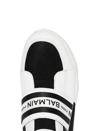 Shop Balmain Black And White Logo Print Mesh Leather High-top Sneakers In White ,black